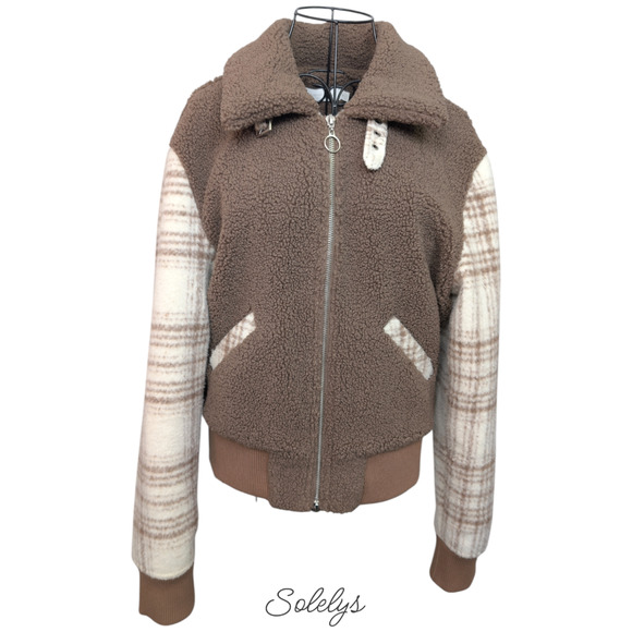 Jonathan Simkhai Bobbi Wool Plaid Brown Tan Plaid Sherpa Bomber Jacket Medium - Picture 2 of 13